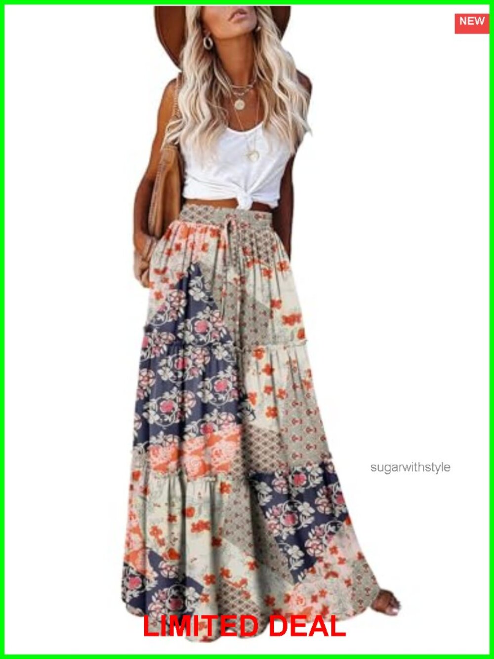 Women's Boho Tiered Maxi Skirt High Elastic Waist Flowy Long Skirt